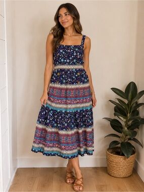 Umgee USA Boho Floral Tiered Midi Dress | Size Large | 100% Rayon NWT
